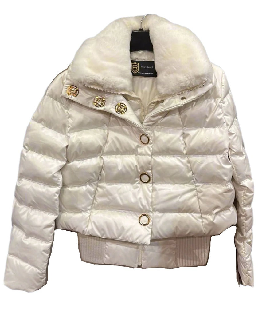 White Down Winter Bomber Jacket Made in Italian Fashion with Rex Fur Bergen of Norway
