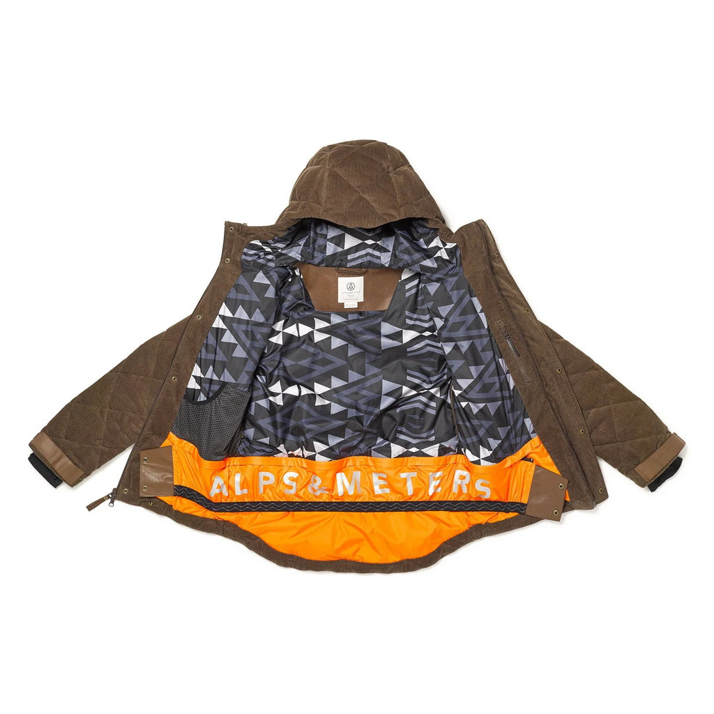 Alps & Meter Men's High West Jacket in Chocolate with Waterproof Corduroy and Powder skirt inside the jacket. Cool Hermes orange color lining