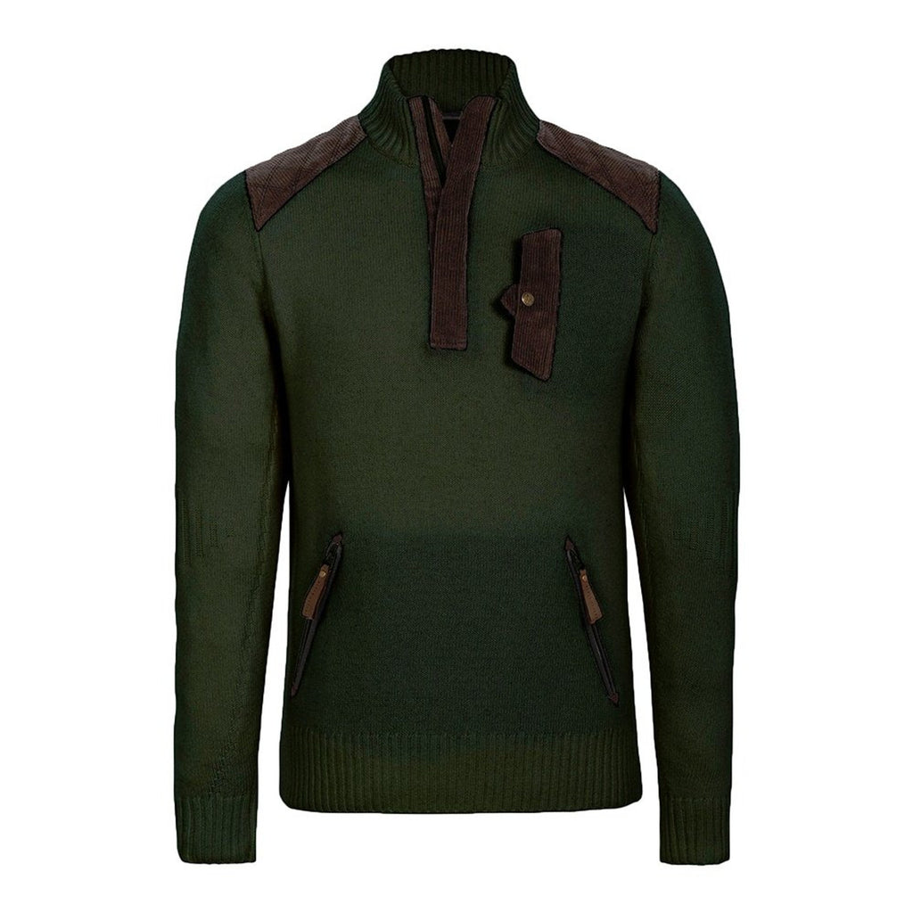 Green men's sweater with brown corduroy accents