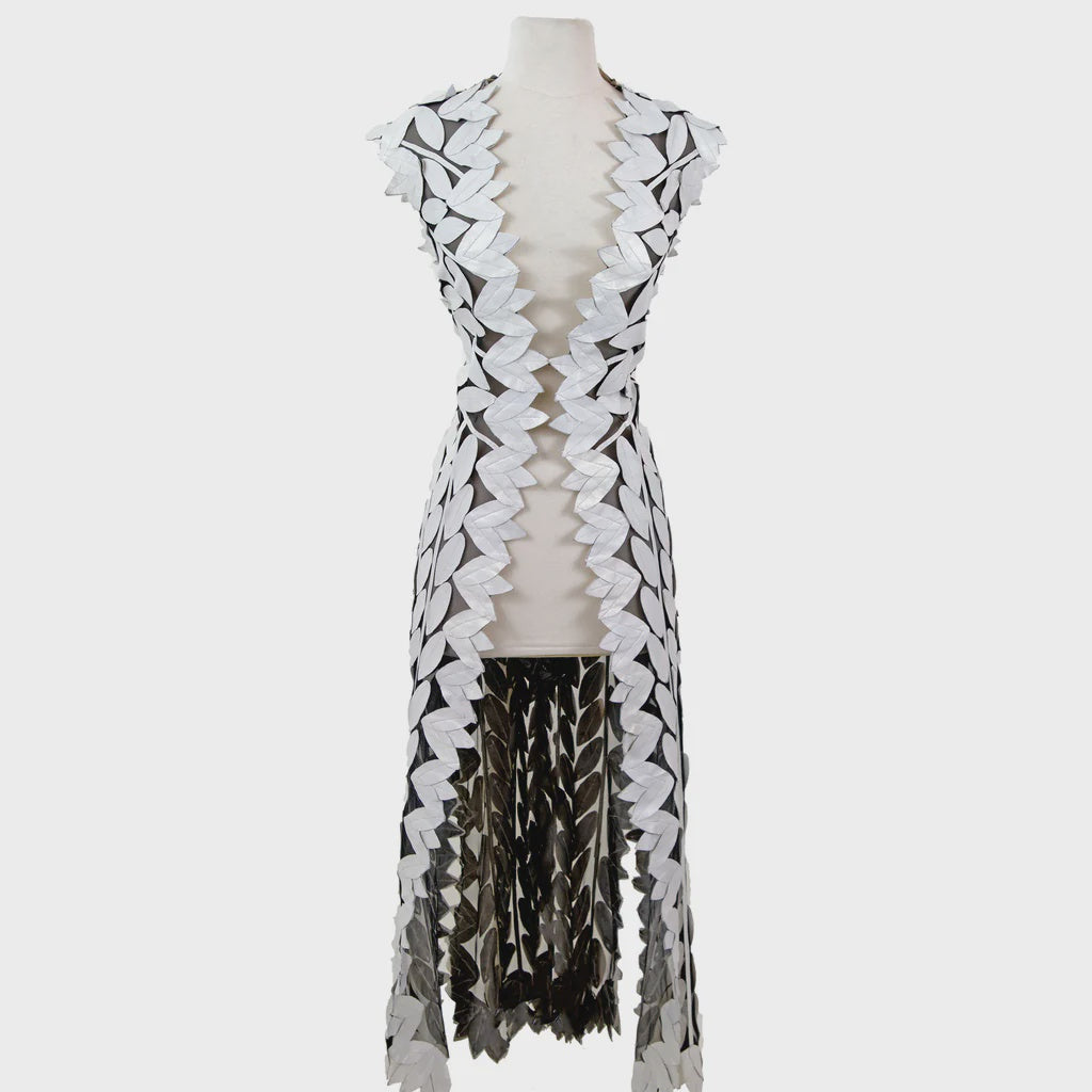 White Long Leaf Style Leather VEST in WHITE & Multi White