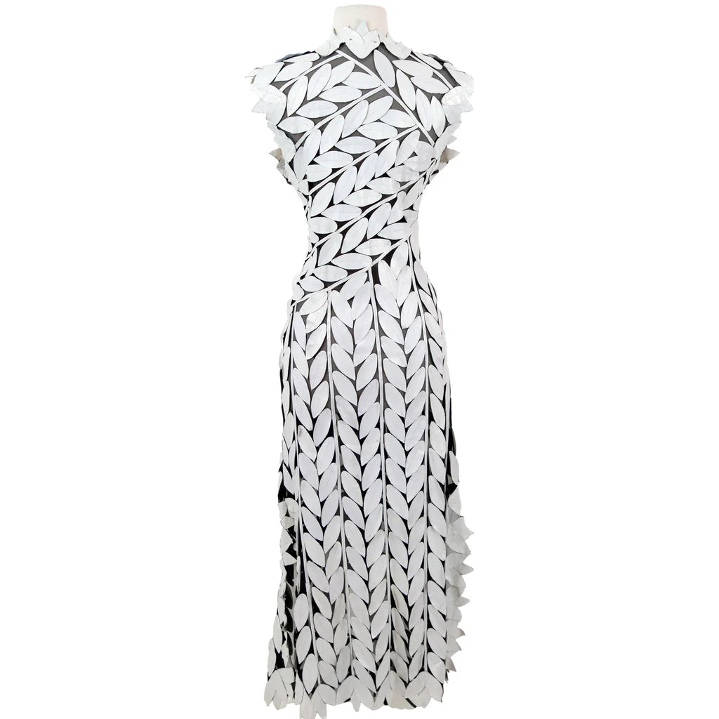 White Long Leaf Style Leather VEST in WHITE & Multi White