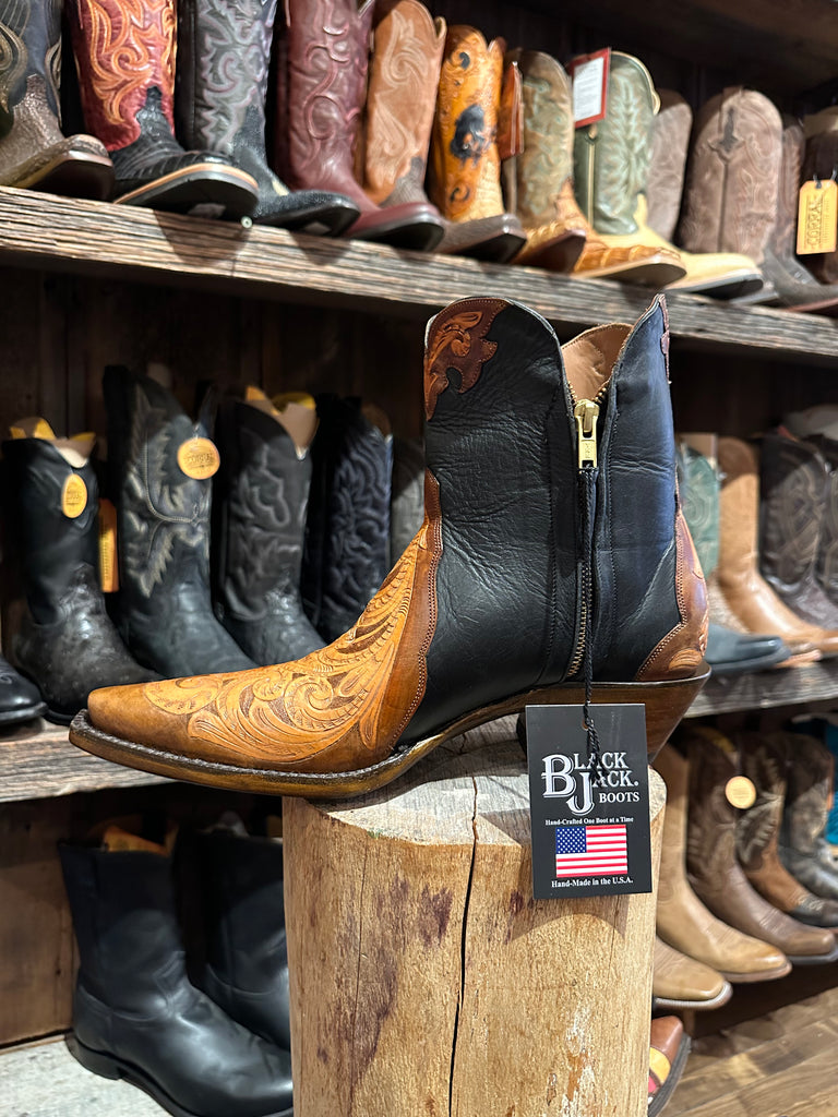 Black Jack Women's Black Brown Short Ankle Boots Hand-tooled Made in the USA LBBHTP 22854 0841