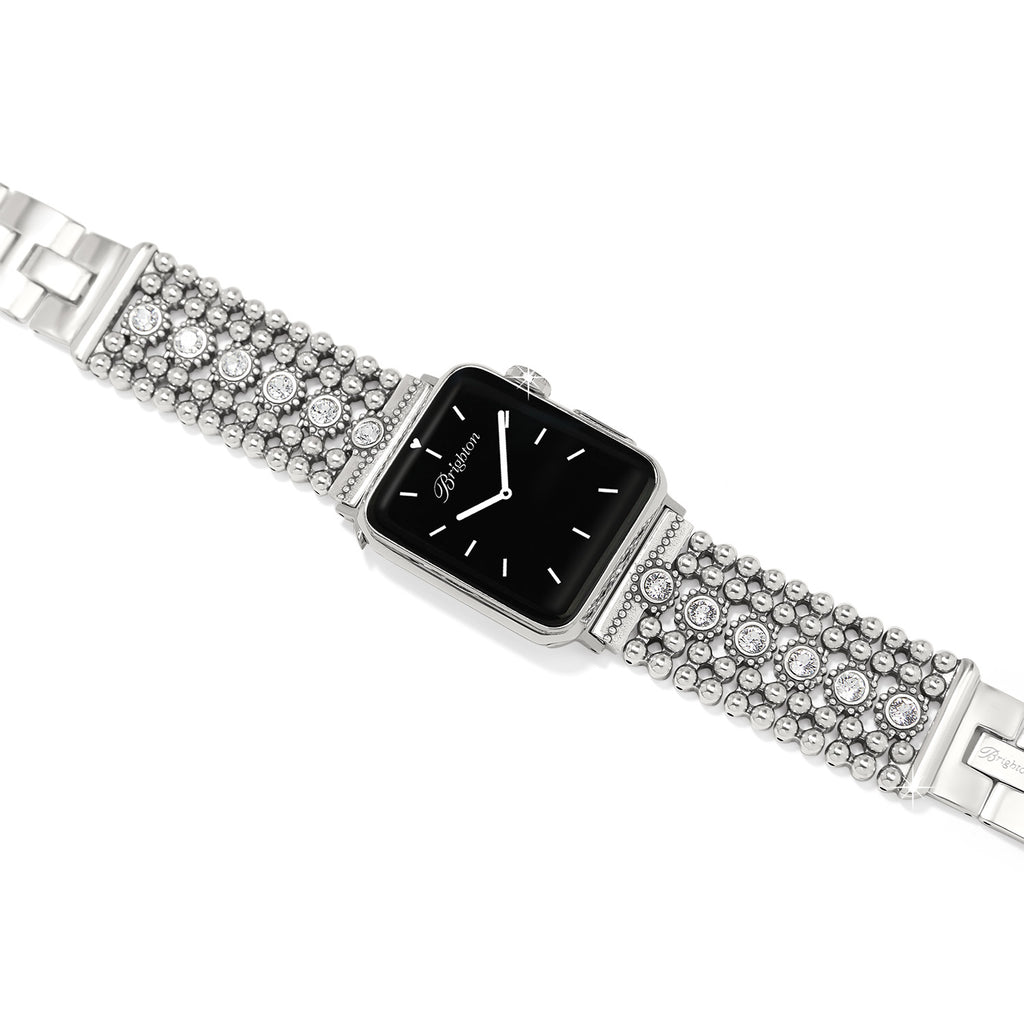 Silver smartwatch with a black screen on a white background