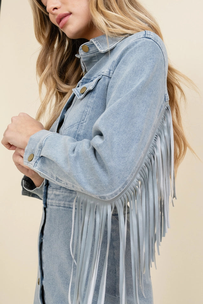 Western Style Women's Denim with Fringe Button Up Mini Dress