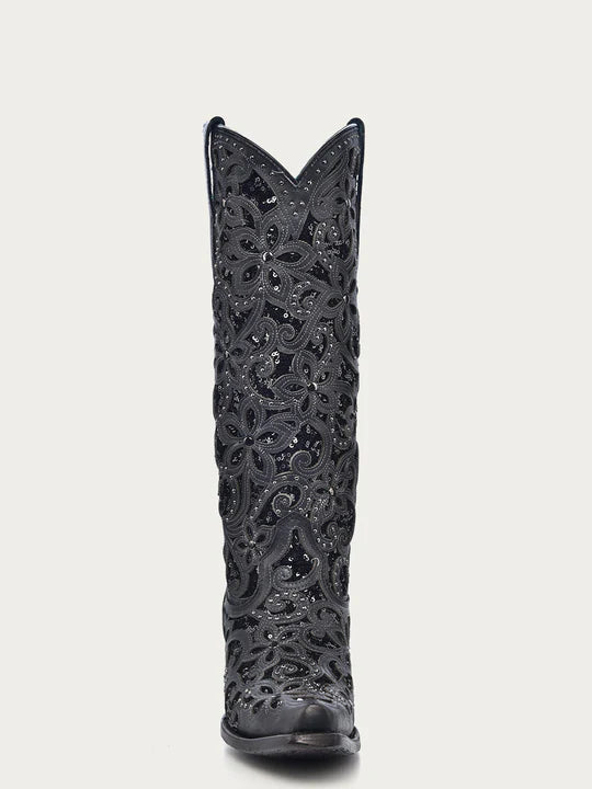 Black Glitter With CRYSTALS and Studs Snip Toe Tall Top Black Cowboy Boot SS23