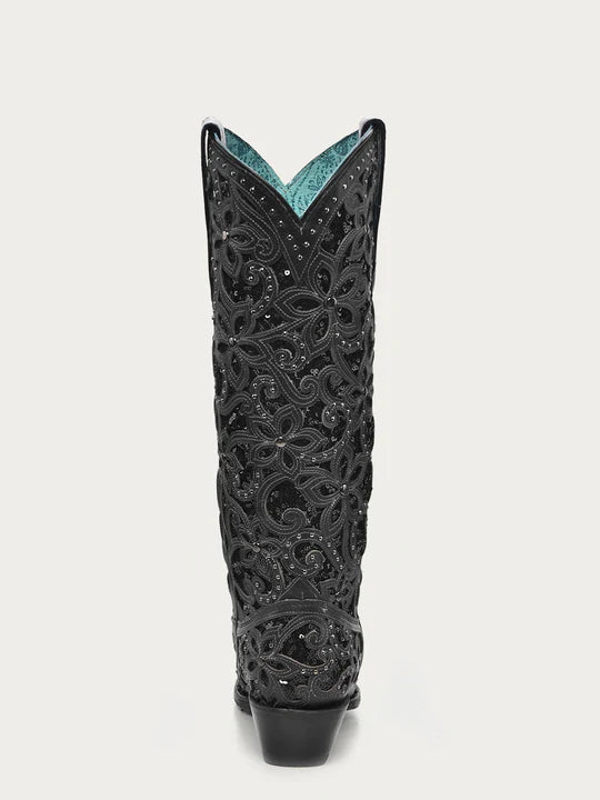 Black Glitter With CRYSTALS and Studs Snip Toe Tall Top Black Cowboy Boot SS23