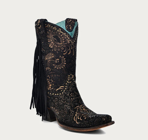 Corral C4087 Ladies Black Embroidery Crystals Eagle  Lamb Fringes Tall Cowboy Boots