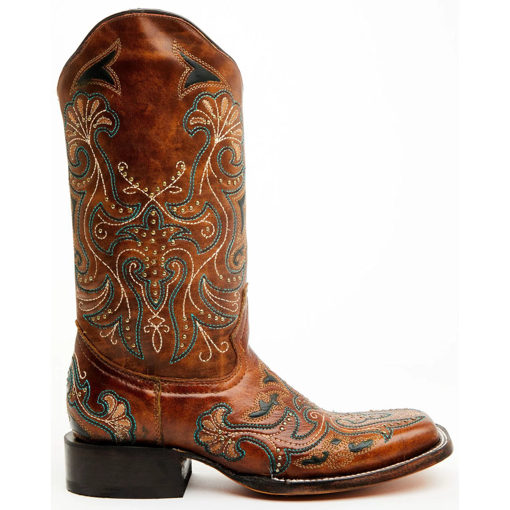 Corral A4483 Ladies Sand Embroidered Studs Square Toe brown Cowboy Boots On Sale