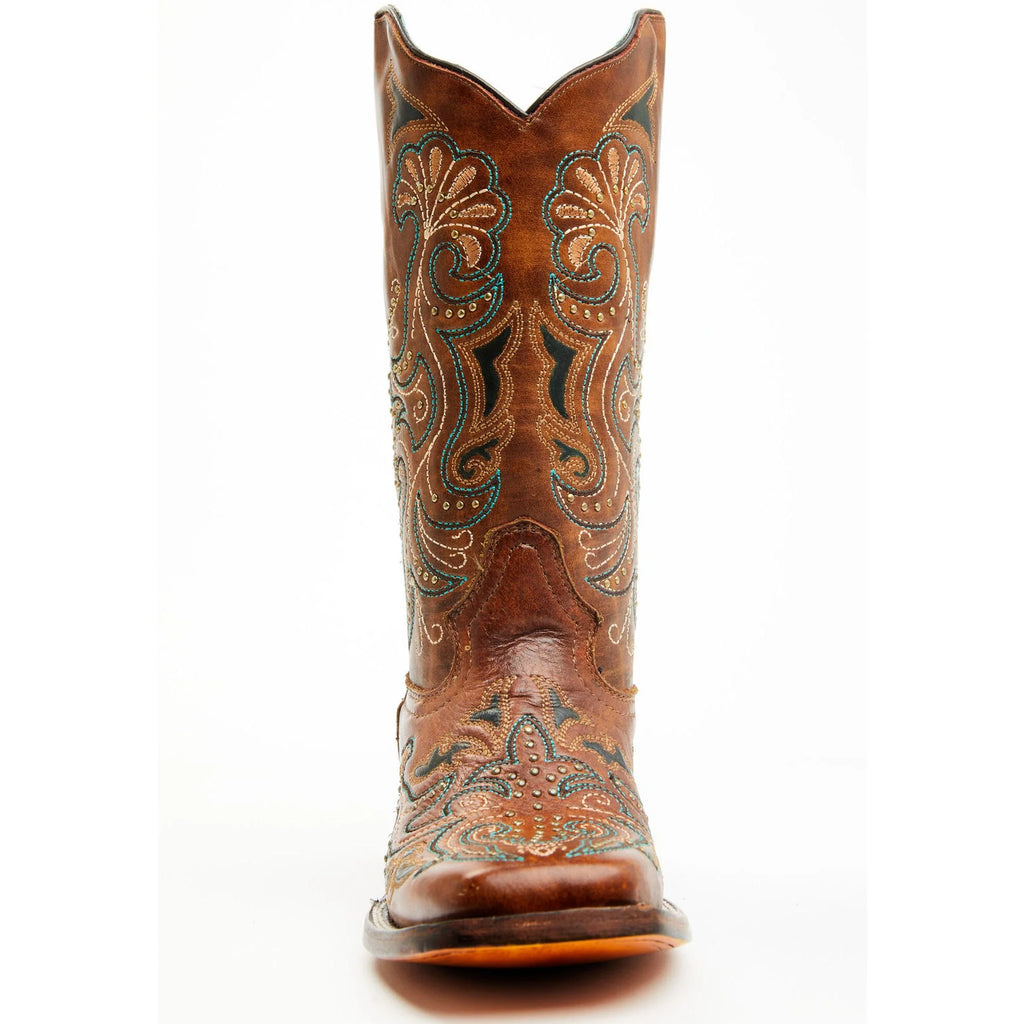 Corral A4483 Ladies Sand Embroidered Studs Square Toe brown Cowboy Boots On Sale