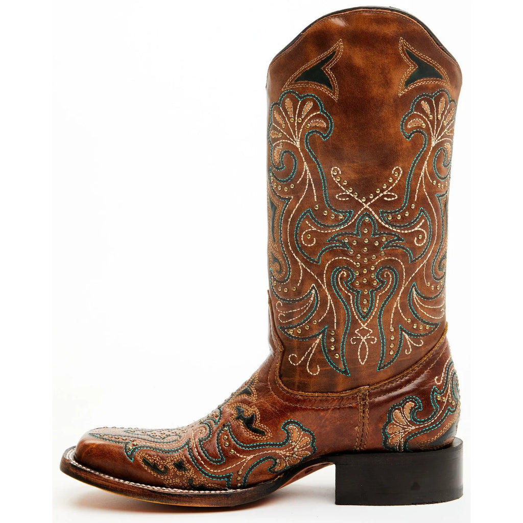 Corral A4483 Ladies Sand Embroidered Studs Square Toe brown Cowboy Boots On Sale
