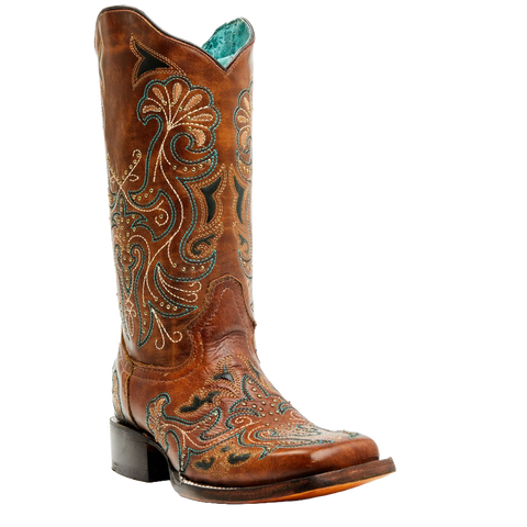 Corral Womens Boots C3972 Maple Embroidery with Studs Brown Tall Cowboy Boots