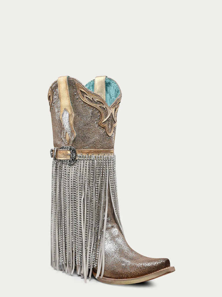 Women's Silver and Gold Metal Harness Crystal Fringe Cowboy Boots Corral A4514