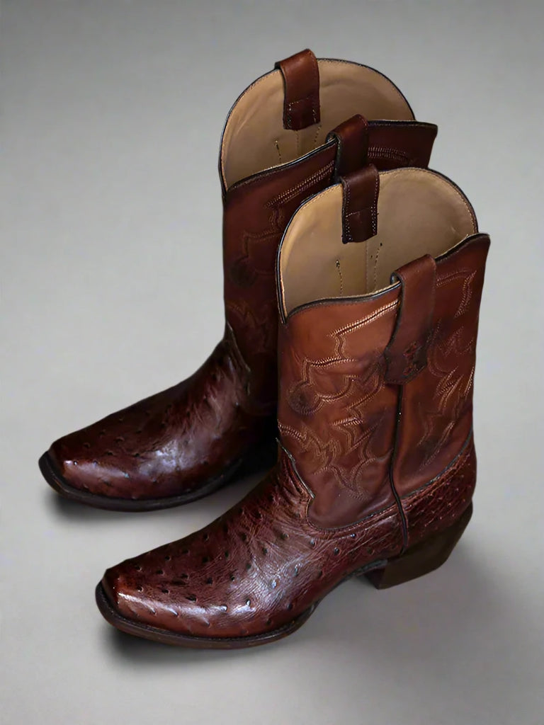 A pair of Corral Men's Brown Ostrich Square Toe Cowboy Boots with a side zipper.