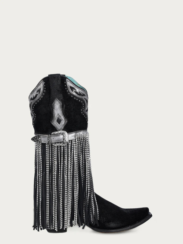 Women's Silver Black Metal Harness Fringe Crystal Boots by Corral A4599