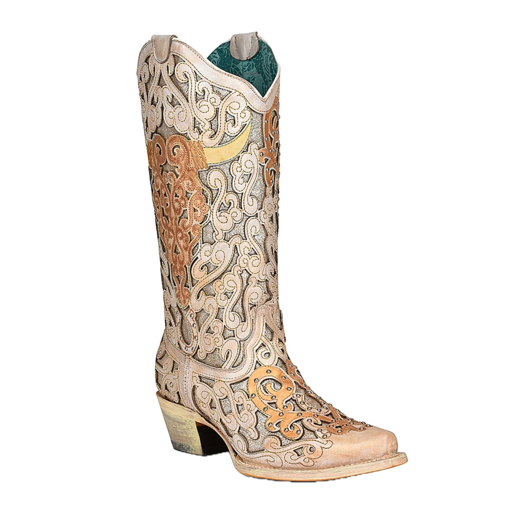 White Glitter Inlay and Bull Skull Western Boots Corral Boots A4408 ON SALE