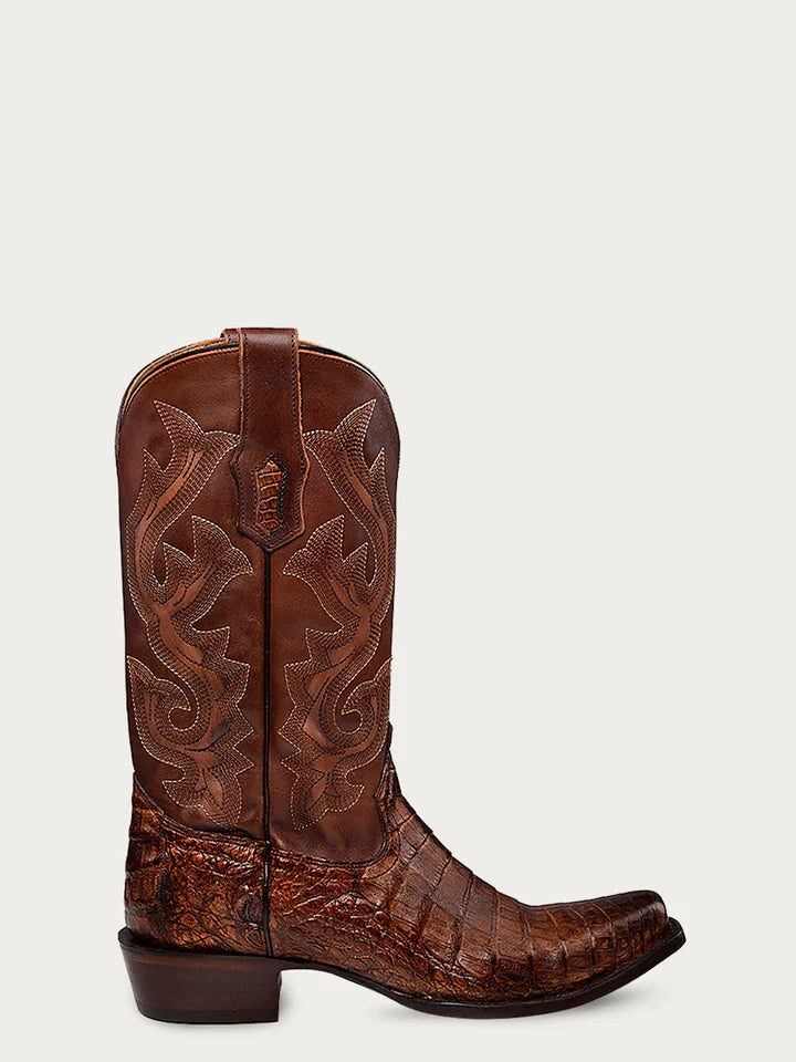 MEN'S EMBROIDERY HONEY BROWN CAIMAN NARROW SQUARE TOE COWBOY BOOT