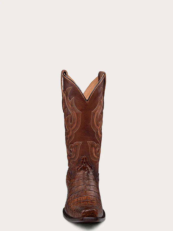MEN'S EMBROIDERY HONEY BROWN CAIMAN NARROW SQUARE TOE COWBOY BOOT