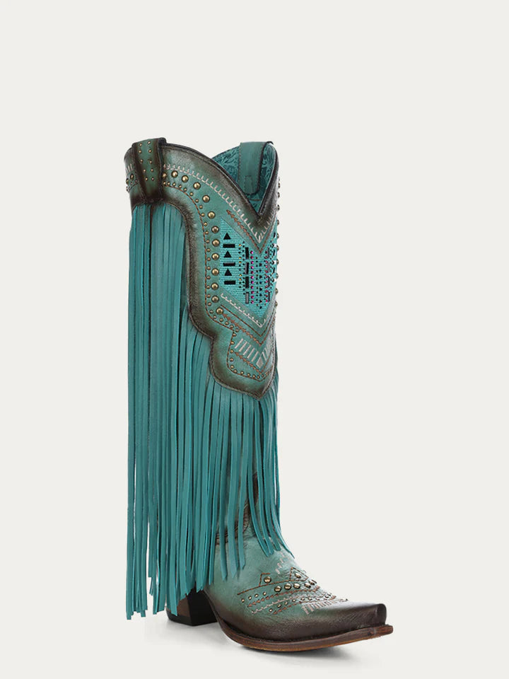 Corral C4077 Women's Turquoise Embroidery & Crystals Lamb Fringe Tall Boots