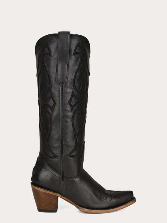 Corral Women's Black Tall Top Stitch Pattern & Inlay Pull straps  Snip Toe Boot Z5075