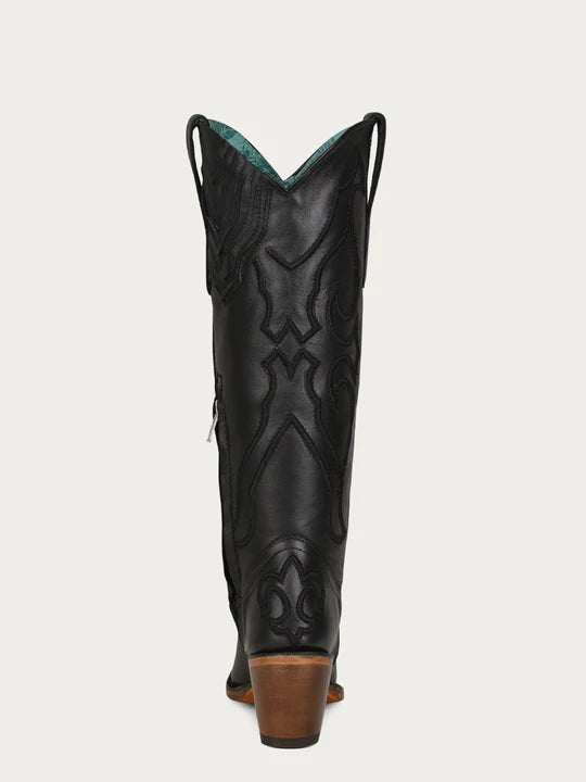 Corral Women's Black Tall Top Stitch Pattern & Inlay Pull straps  Snip Toe Boot Z5075