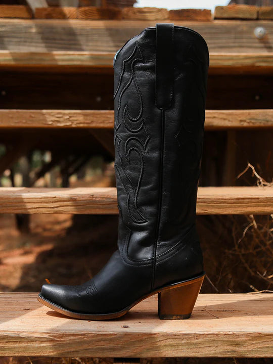 Corral Women's Black Tall Top Stitch Pattern & Inlay Pull straps  Snip Toe Boot Z5075