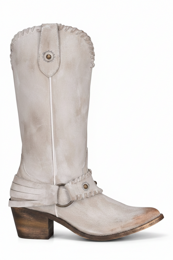 A single light gray distressed suede cowboy boot with a brown stacked heel and pointed toe, shown against a plain white background.