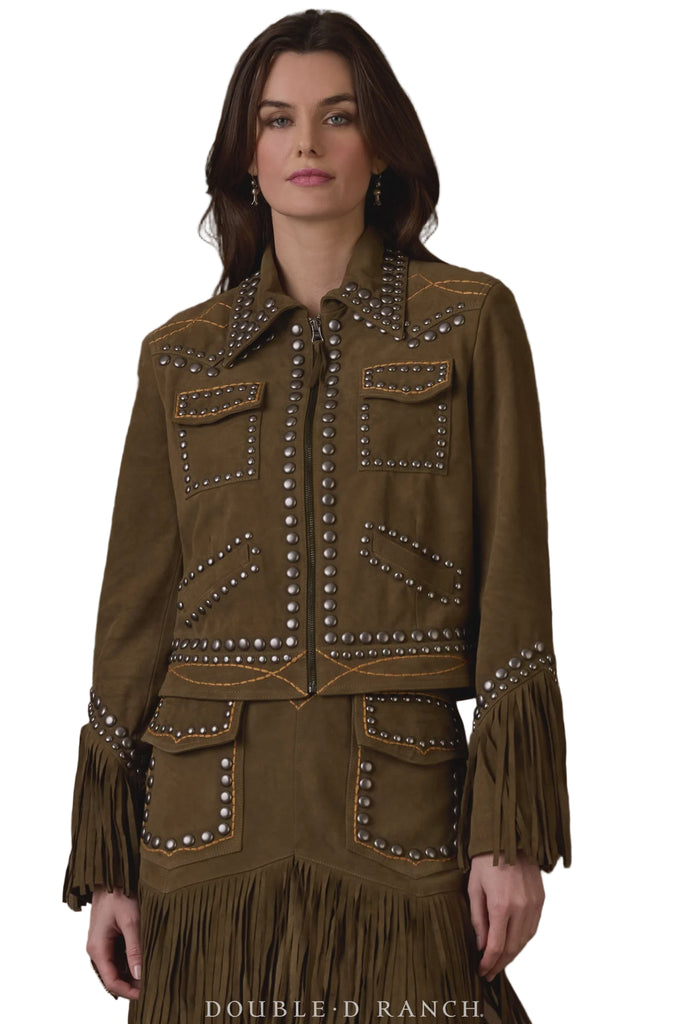 Woman wearing a brown jacket with fringe and embellishments on a brown background, featuring the Double D Ranch brand.