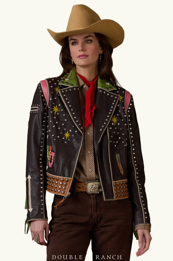 Person wearing a detailed western-style jacket and hat on a brown background with 'Double D Ranch' branding.