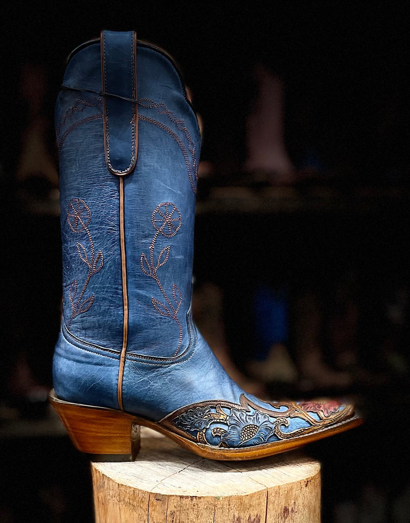 Women's Custom Made Blue Leather Cowboy Boots Tooled Wingtip by Black Jack Boots