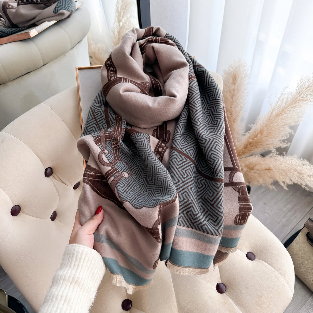 Hermès-Inspired Equestrian Style Scarf in Blue/ Brown Equine Halter Motive Wrap