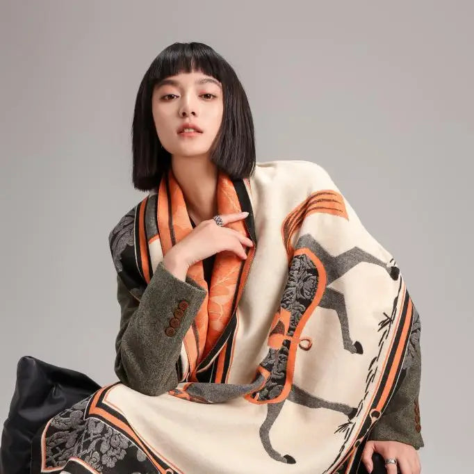 Hermès-Inspired Equestrian Style Scarf in Black / Orange Horse Motive Wrap