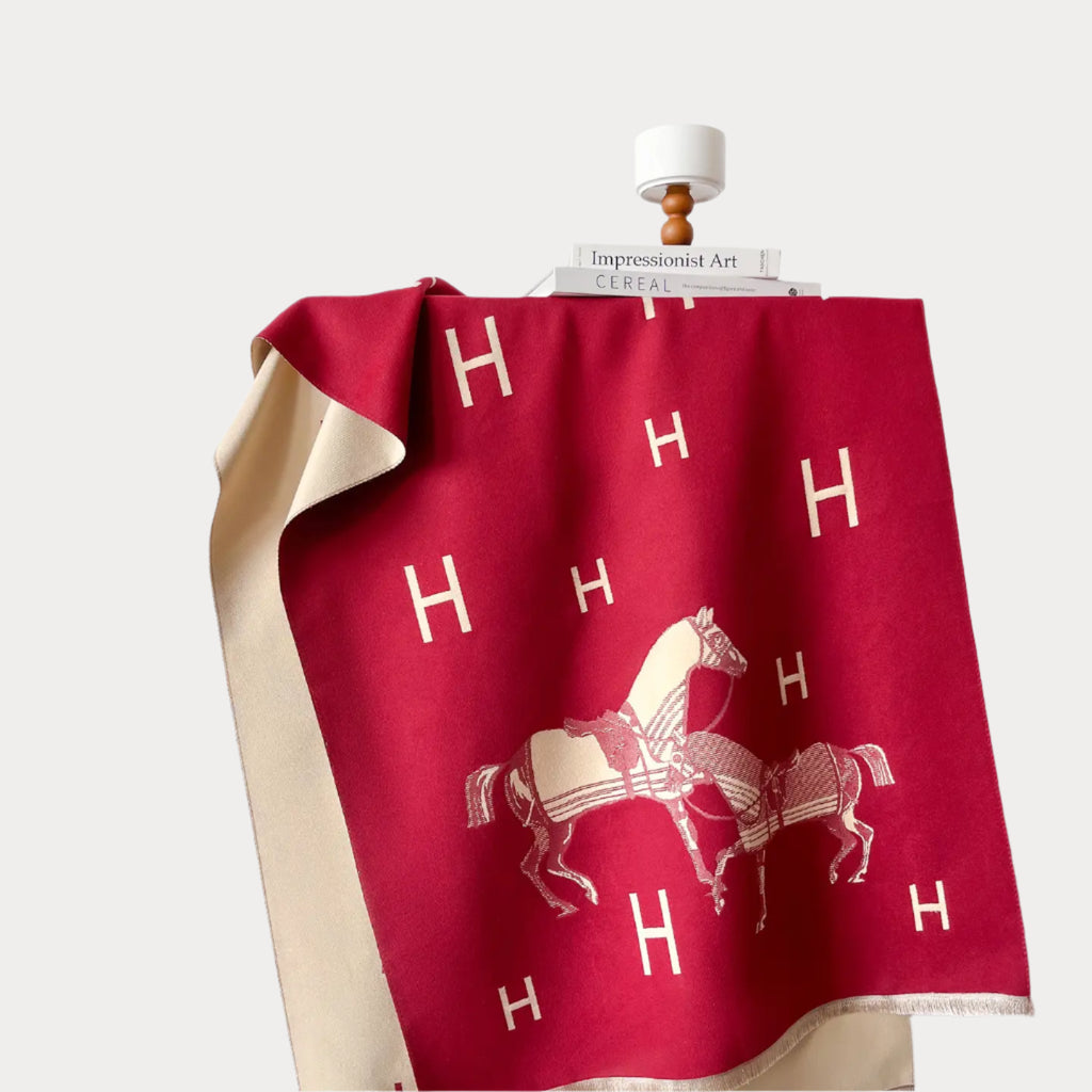 Hermès-Inspired Equestrian Style Scarf in Red/Cream Equine Halter Motive Wrap
