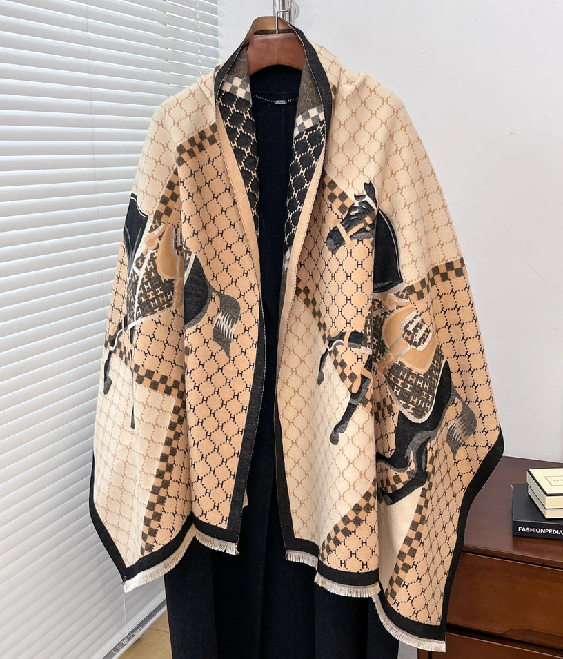 Equestrian Wrap Tan / Black Giddy Up Reversible Scarf 380E 1627TA SS25