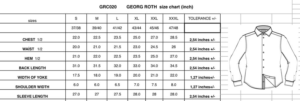 Size chart for Georg Roth shirts with measurements in inches.