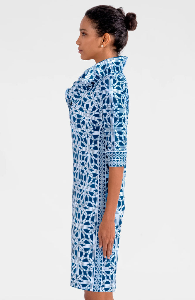 Gretchen Scott Women's Dress stretch Jersey Ruffneck Dress in Navy Ring Toss JDRNRT