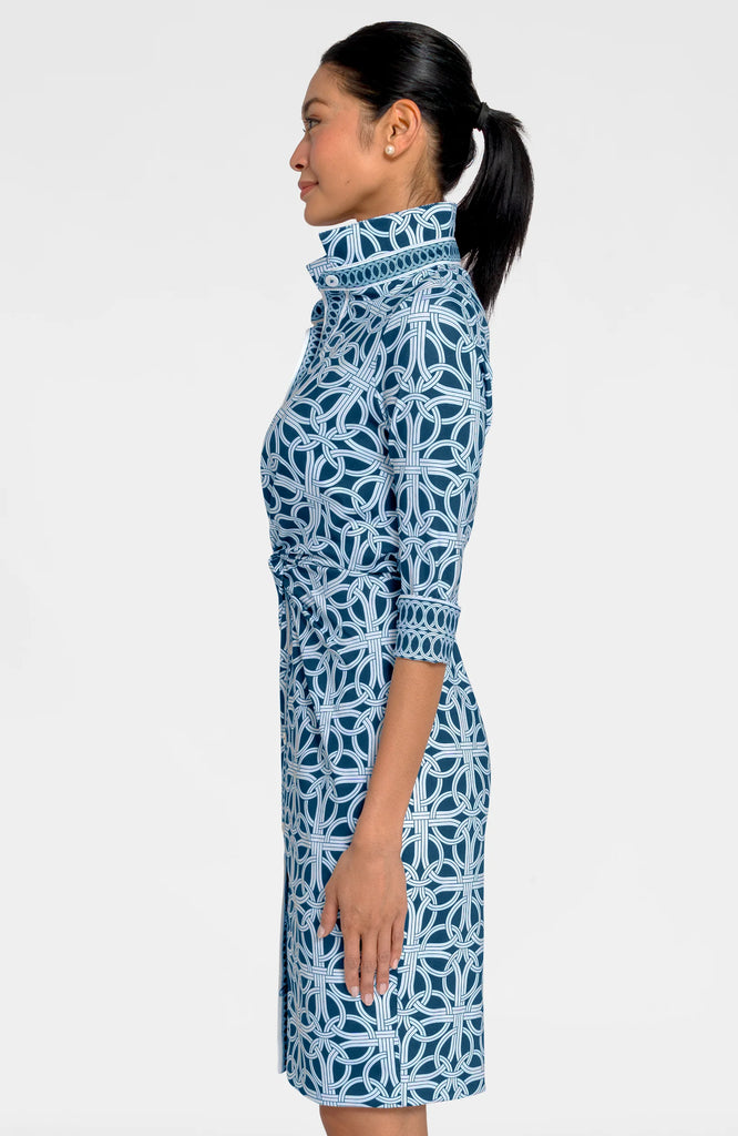 Women's Dress on Navy Stretch Fabric By Gretchen Scott Twist & Shout Dress Navy Ring Toss JDTSRT