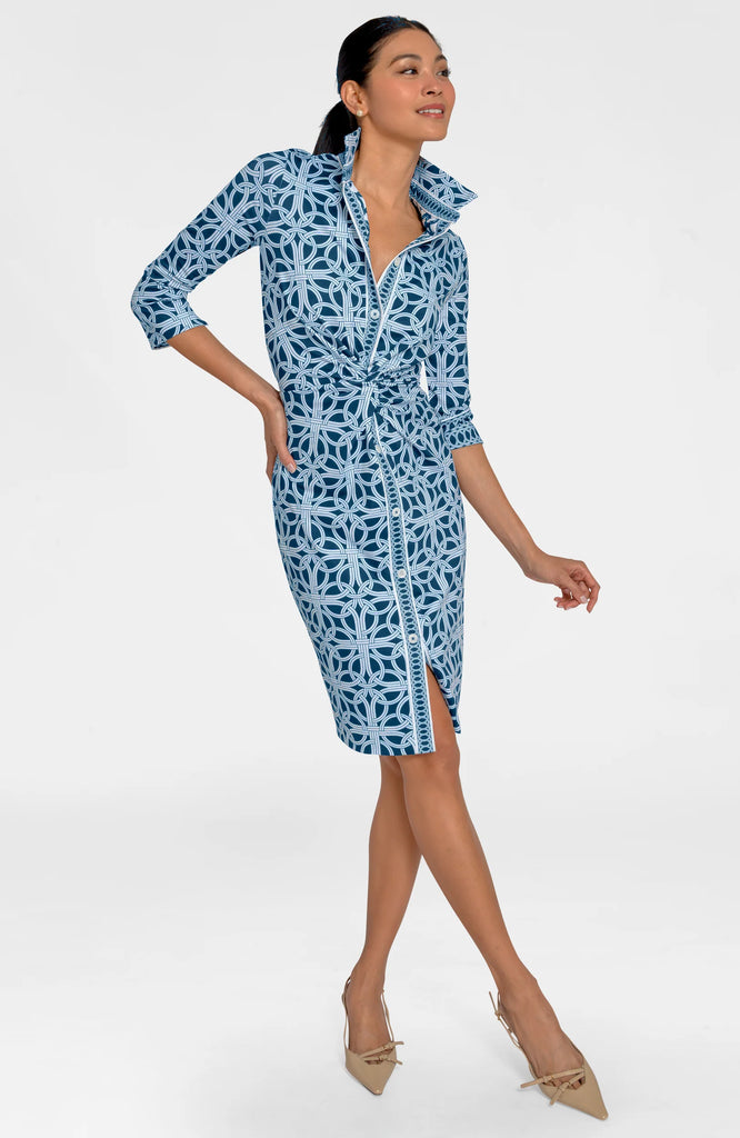 Women's Dress on Navy Stretch Fabric By Gretchen Scott Twist & Shout Dress Navy Ring Toss JDTSRT