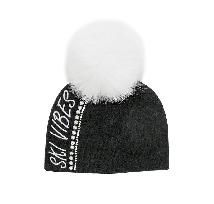 Mitchie's Black Ski Vibes Beanie w/Pearl & Crystal Detail with Fox Fur  HTA114 FW25