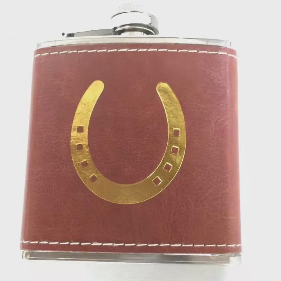 Leather Wrapped Flask with Horse Shoe Design
