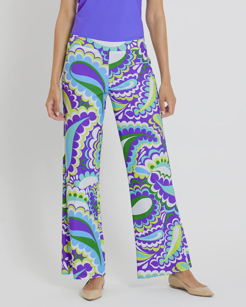 Women's Flare Stretch Pants in Blue & Green Paisley USA MADE by Jude Connally