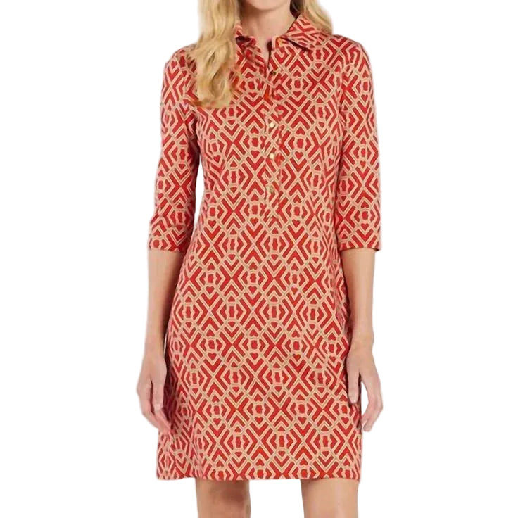 Red and beige patterned dress on a plain background