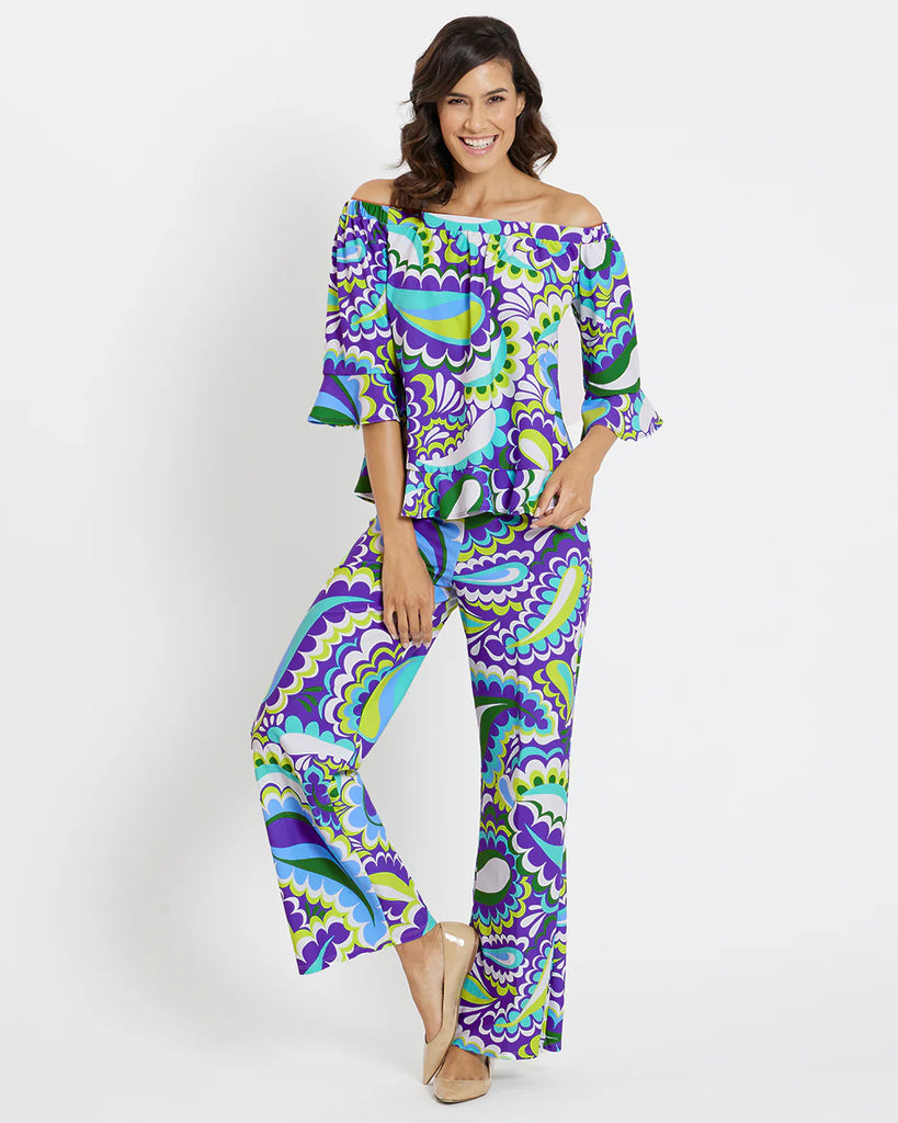 Women's Flare Stretch Pants in Blue & Green Paisley USA MADE by Jude Connally