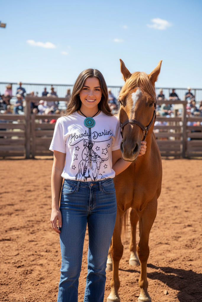 A white graphic T-shirt displayed on a mannequin torso, featuring a black cowboy riding a horse illustration and the words 'Howdy Darlin''. The shirt is styled with blue jeans, a black neck scarf, and a turquoise bolo tie, set against a neutral indoor background with pampas grass and a chair.