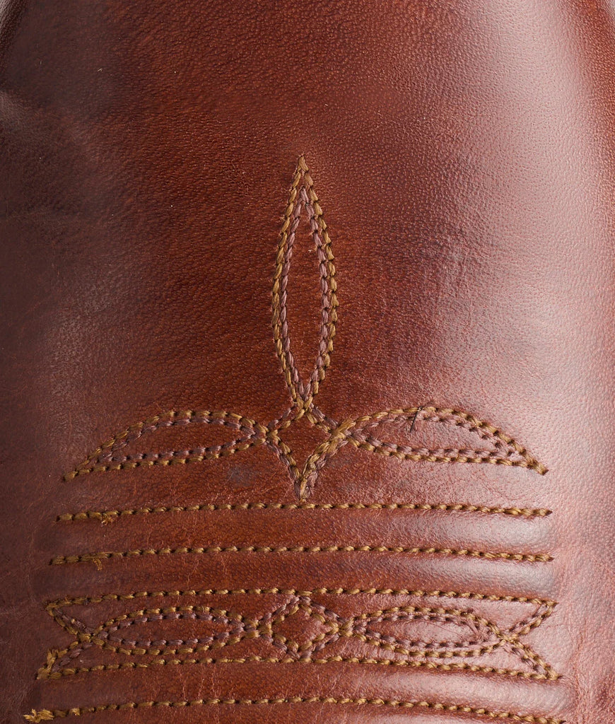 Close-up of brown leather with intricate stitching pattern