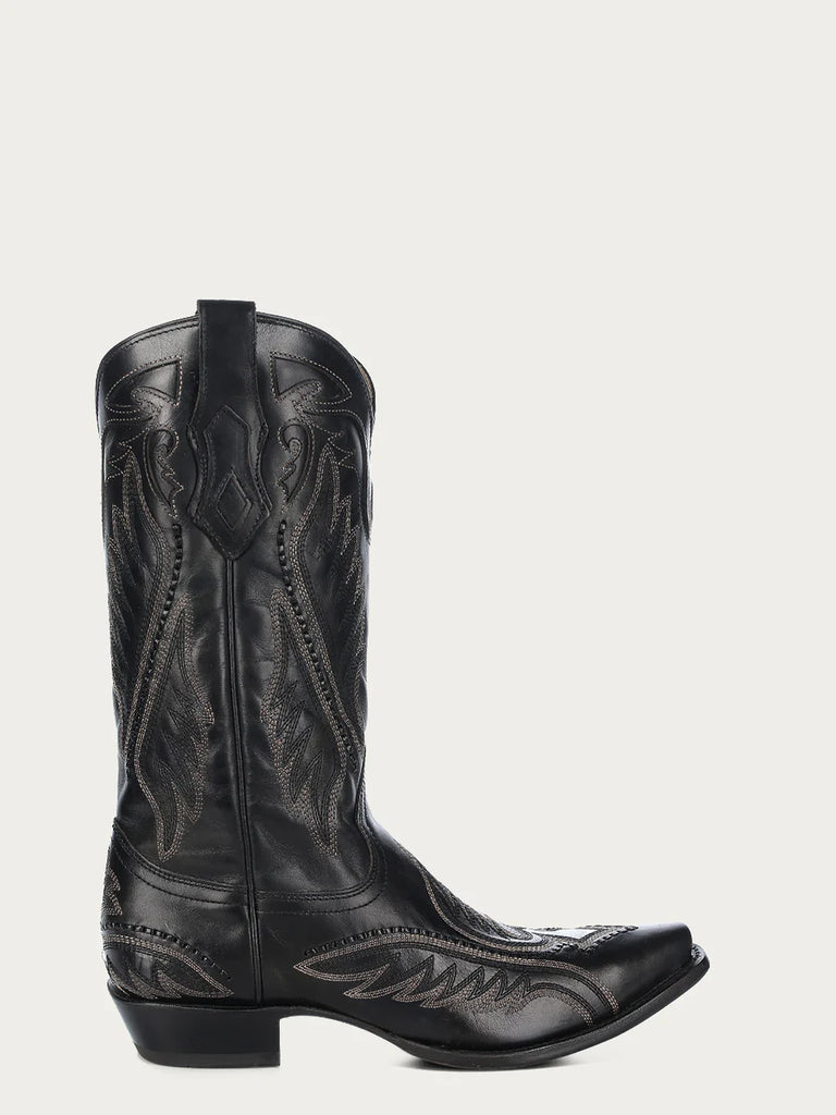 Men's Black Leather Cowboy Boots with Embroidery C4149