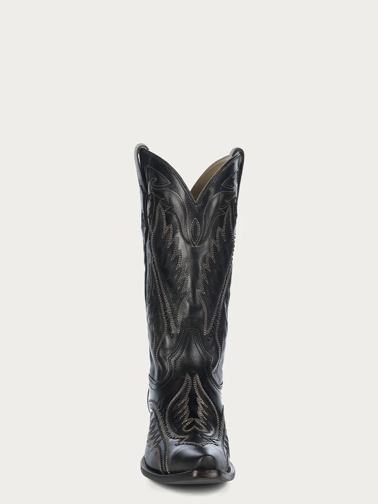 Men's Black Leather Cowboy Boots with Embroidery C4149