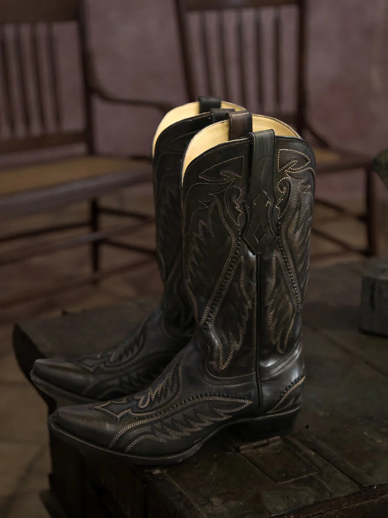 Men's Black Leather Cowboy Boots with Embroidery C4149