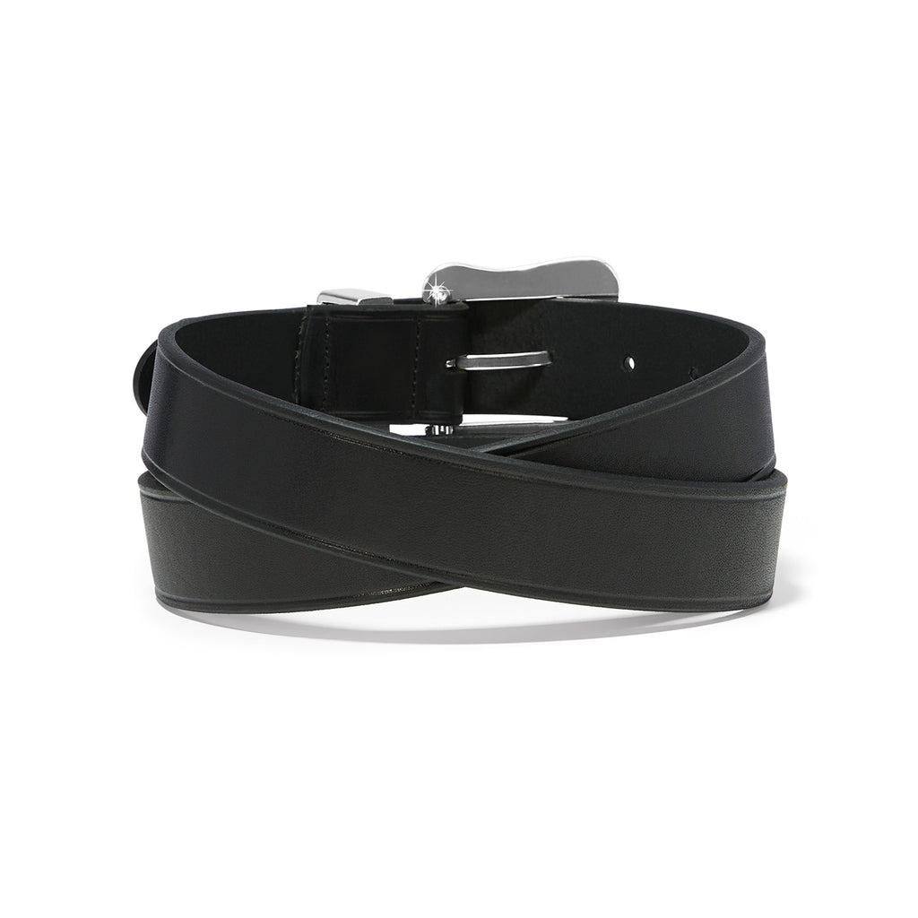 Black leather belt with a silver buckle on a white background