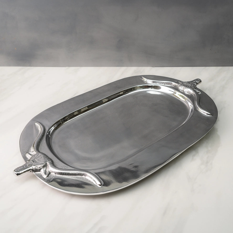 Western Style Home Decor Silver Aluminum Bull Tray Oval 71465