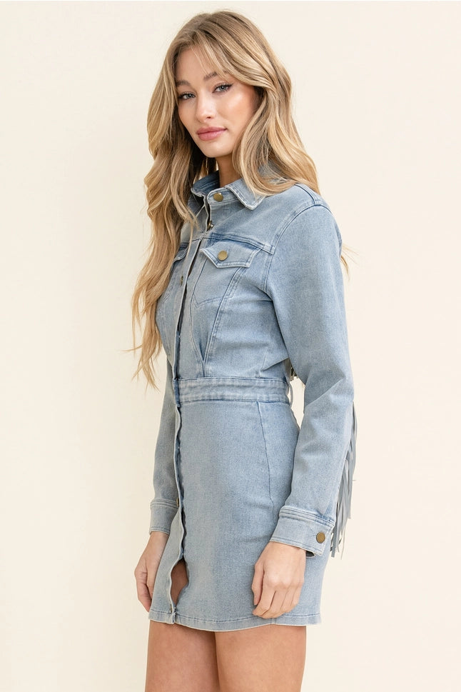 Western Style Women's Denim with Fringe Button Up Mini Dress